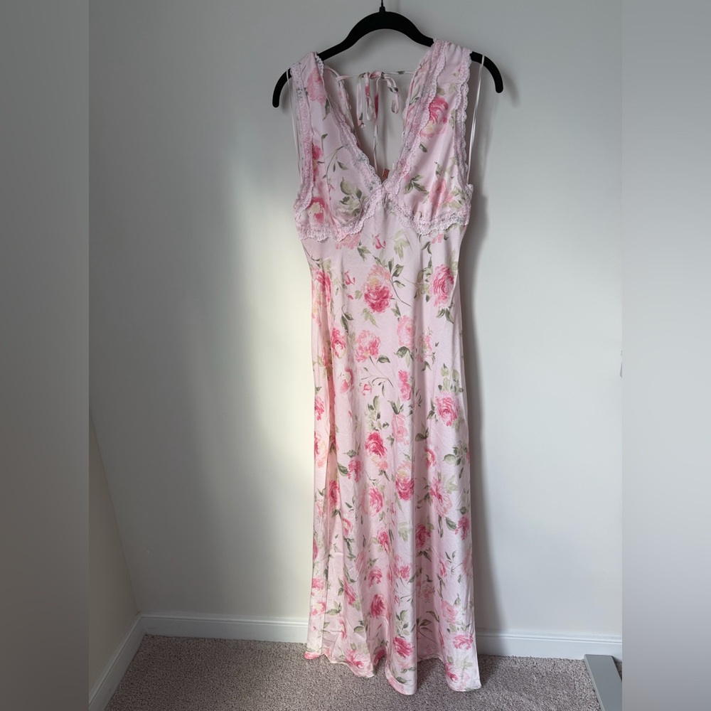 pink Floral lace trim Sleeveless Tie Back Maxi Dress